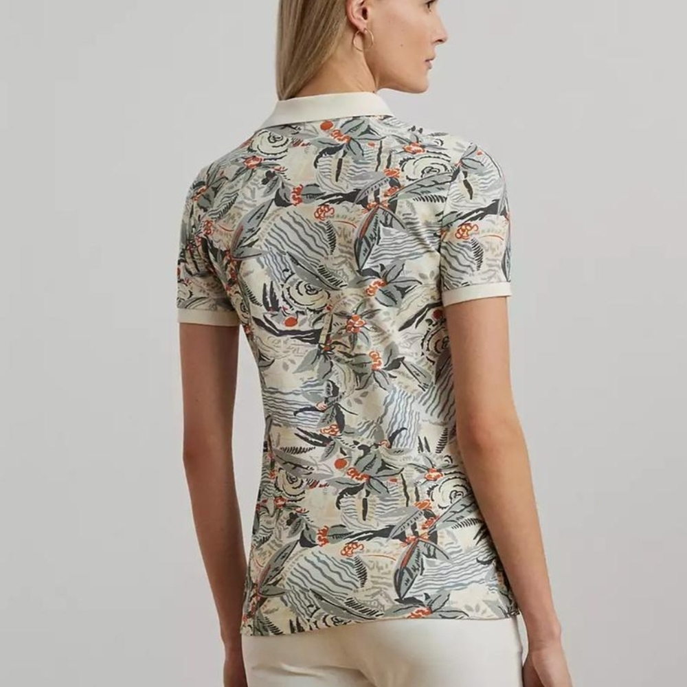 Lauren Ralph Lauren Women's Print Stretch Piqué Polo Shirt White Multi NWT #A1 - Picture 2 of 14